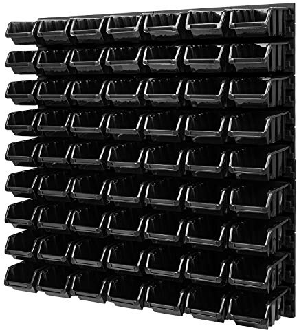 PAFEN Wandregal Stapelboxen Lagersystem - 772 x 780 mm – 63 Stück Boxen Werkstatt Schüttenregal Werkzeuglochwand (Schwarz)