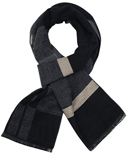 soul young Écharpe longue en coton pour hommes - Écharpe à carreaux à franges chaudes avec boîte-cadeau luxueuse(Noir Beige Rayure)