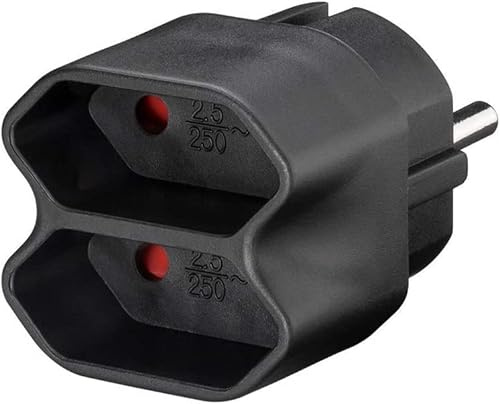 CABLEPELADO Doppelter Eurostecker-Adapter | Stromverteiler | Eurostecker | Typ F CEE 7/7 | 250 V AC 50 Hz | Ausgangsstrom 2,5 A | Ausgangsleistung 1100 W | PVC | Schwarz