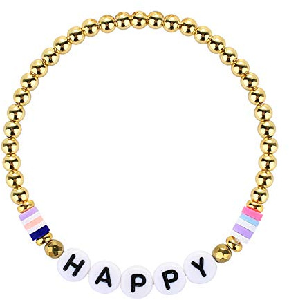 KELITCH Bunte Elastische Armbänder Gold Metall Perlen Armbänder Gemischte Alphabet Perlen Charm Armbänder (Happy 5D)