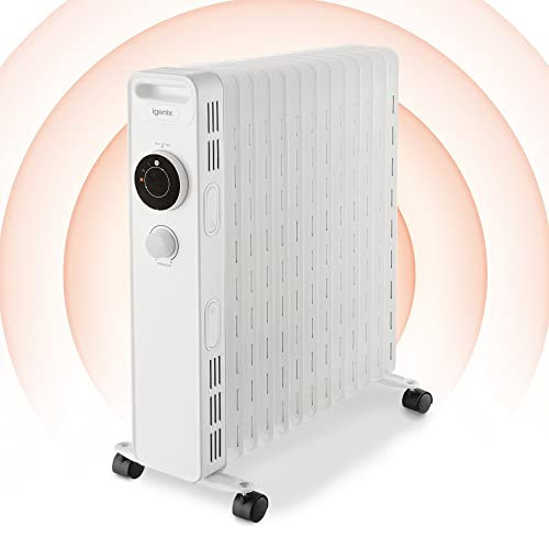 Igenix IG2625 Oil Filled Radiator, 2.5kW/2500W 13 Fin Electric Heater with 3 Adjustable Heat Settings & Overheat Protection, White