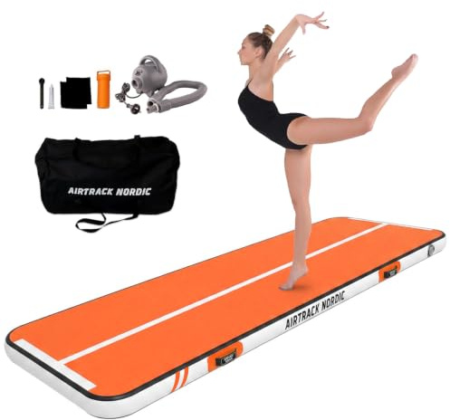 AirTrack Nordic Home 3 m flerfärgad uppblåsbar gymnastikmatta med luftpump för gymnastik, yoga, hållbar och lätt att bära, korallfärgad