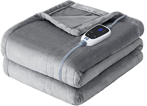 Sealy Heated Throw Blanket, Flannel Electric Blanket Throw with 6 Heating Settings & 2-10 Hours Auto Shut Off, Fast Heating & Machine Washable for Home Office Use, 50x60 Inch, Light Grey