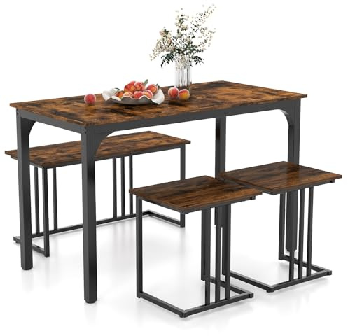 COSTWAY Dining Table and 2 Stool Set with 1 Bench, 4 Pieces Industrial Breakfast Table Chair Set, Metal Frame Dining Room Furniture for Home Kitchen (Brown)
