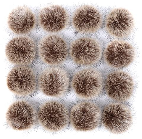16 Stück Kunstfell Pompon Bommel,Faux Fuchspelz Fellbommel mit elastischer Schlaufe Pom Flauschig Plüsch Bälle Set zum Basteln für Mützen Tasche Schals Schlüsselanhänger Dekoration Zubehör,Braun