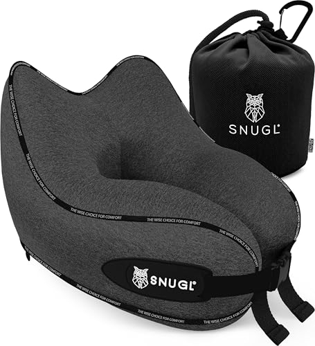 SNUGL Almohada de Viaje Ergonómica – Cojín Cuello Viaje de Espuma Viscoelástica | Almohada Cervical con Bolsa de Transporte para Coche y Avión | (Gris Oscuro - Adulto Regular)
