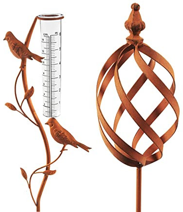 Kobolo Gartenstecker Rusty Bird + Rusty Marble, Set, 101 cm, Metall, in Rostoptik, Vogelmotiv mit Regenmesser für Garten, Terrasse, Balkon & Außenbereich