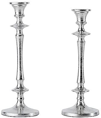 2er Set Kerzenständer Kerzenhalter Aluminium Silber Deko - Kerzenleuchter Modern für Stabkerzen - Tischdeko Hochzeit - Dekoration Wohnzimmer - H 30 und 32 cm
