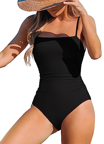 CUPSHE Women's One Piece Swimsuit Square Neck Cutout Back Tummy Control Adjustable Straps Striped Swimwear, M Black