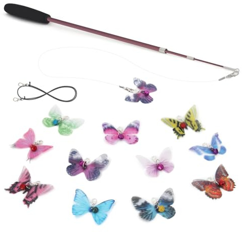 SONGWAY Juguete de Mariposas para Gatos - 13 Piezas Juguetes Interactivos para Gatos,1 Varitas Retráctales y 12 Juguete de Recambio para Gatos con Campana, Caña Gatos Juego para Gatos y Gatitos