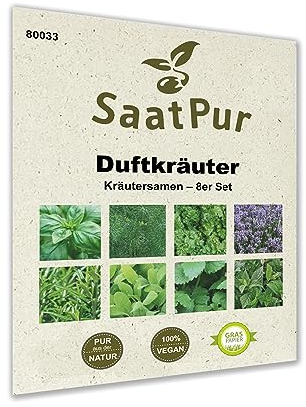 SaatPur® Saatgut Duftkräuter 8er Set für ca. 500 Pflanzen, Kräutersamen, 8 Saattüten: Basilikum, Fenchel, Kerbel, Lavendel, Rosmarin, Salbei, Zitronenmelisse, Pfefferminze, Graspapier-Verpackung