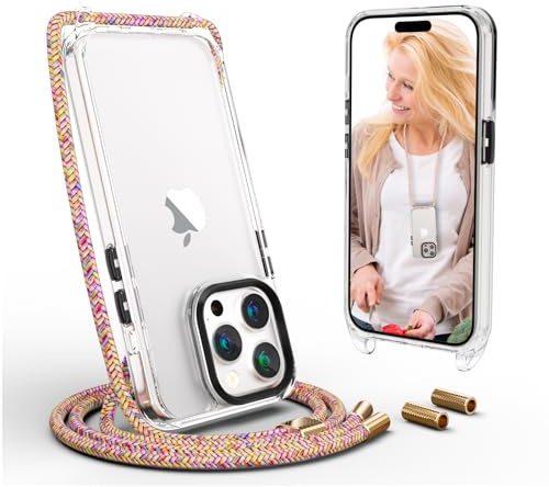 UYMO Handykette Hülle mit Band Für iPhone 15 Pro 6.1 -Necklace Transparent Handyhülle Case mit Strap Schnur Abnehmbar, Schutzhülle zum Umhängen Kordel, Regenbogen
