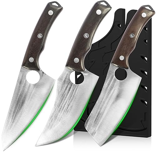 FULLHI Set di coltelli da macellaio 6pcs con fodero, coltello da chef forgiato in acciaio ad alto tenore di carbonio per la cucina campeggio barbecue