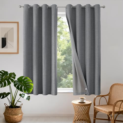 Joydeco 100% Blickdichte Vorhänge mit Ösen Gardinen Leinenoptik 2 Stück, Verdunkelungsvorhang Leinen Thermovorhang Hitzeschutz, Wärmeisolierte Beschichtung Rückenschicht für Schlafzimmer Wohnzimmer