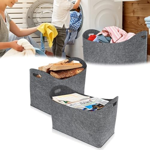 JOIEYOU Filztasche, Faltbar Einkaufskorb, Einkaufstasche mit Griffen, Filzkorb, Kaminholzkorb Holzkorb für Holz, Zeitungen, Kaminholz, 55x30x40cm, Grau, 2 Stücke