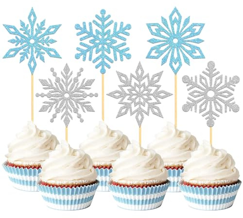 24 Stück Glitzer Schneeflocken Cupcake Toppers, Winterdeko Cake Toppers für Schneeflocken Deko, Weihnachten Deko, Winter Dekoration Kuchendekoration (Blau)