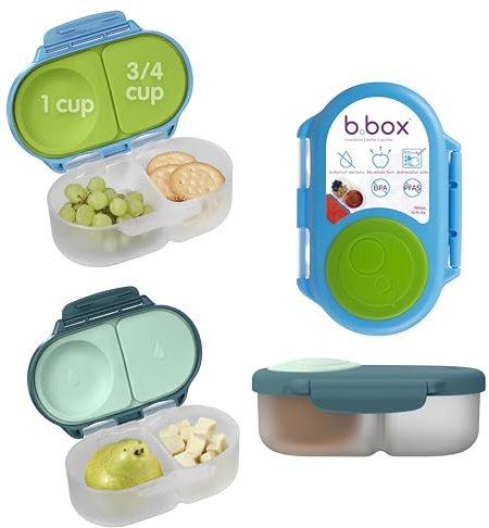 b.box 2-pack Bento-snackslåda | Läckagesäker snackslåda med dubbla fack och lock, perfekt för småbarn, barnluncher och snacks, utdragbar yta, BPA-fri, 2-pack, blå/grön