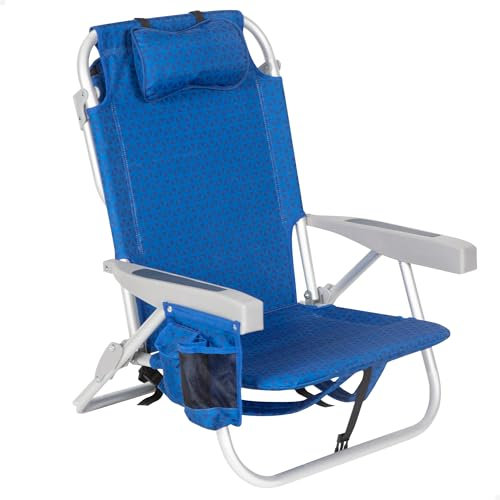 AKTIVE Chaise de Plage Pliante, Largeur XXL, 50X53X78 cm, 5 Positions, Couleur Bleu, Supporte 110 kg, Coussin Rembourré Inclus, Poignées de Transport, Poches, Sac Thermique, Tissu Polyester (62353)