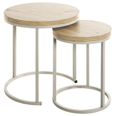 HAKU Beistelltische 2er Set Eiche hell Kaschmirgrau MDF Platte Metallgestell runder Couchtisch - Maße: H 43/49 x Ø 32/45 cm Style: Modern