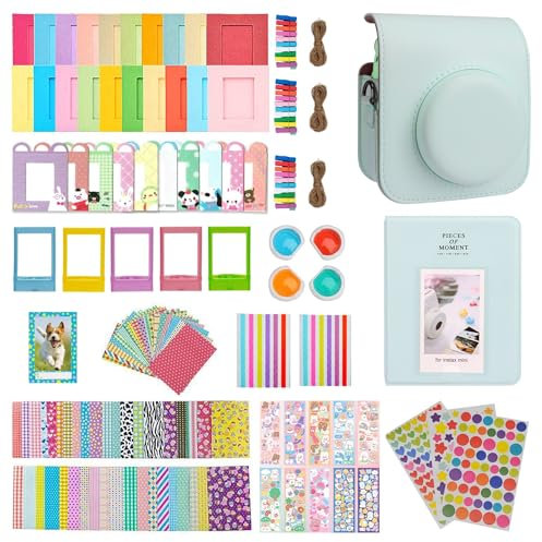 Meetikar Étui pour appareil photo instantané Instax Mini 12 avec 64 poches, album photo et filtres de couleur/cadre décoratif/murale/autocollant, vert