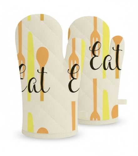 Attica Tracery 100% Cotton Oven Mitts Set of 2 Heat Resistant Quilted Kitchen Gloves, Baking BBQ Cooking Mittens, Machine Washable Microwave Oven Thick Insulated Protective Mitts (Cutlery Print)