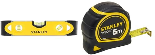 Stanley 0-43-511 Niveau Torpédo Magnétique 230 Mm - Semelle Aluminium - Rainure V & 1-30-697 - Mètre Tylon Bi matière 5m X 19mm - Ruban Anti-Corrosion - Blocage Du Ruban