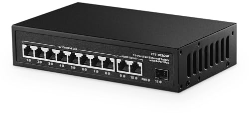 Commutateur POE 11 ports, 8 POE+ 10/100 Mbps, Uplink 2 Gigabit, SFP 1 Gigabit, IEEE802.3af/at, Alimentation 135 W, Boîtier métallique Plug and Play Binardat Switch non géré