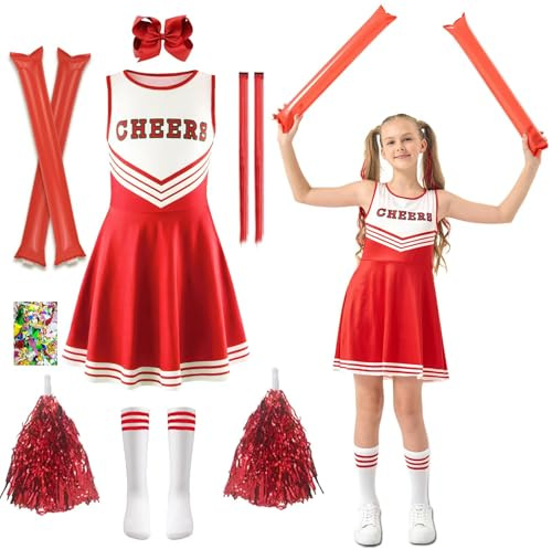 HILKKET Cheerleading Outfit, Cheerleading-dräkt för flickor, Cheerleading-uniform för barn, Cheerleading-klänning med pompoms, strumpor, karnevalstillbehör och hår (röd, 110)
