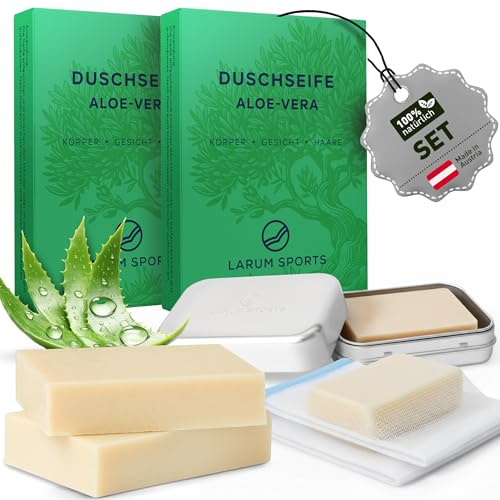 larum sports feste Duschseife Frauen 3 in 1, Aloe Vera, SET | Festes Shampoo, Seife Stück, für Haare Körper Gesicht, Naturseife, vegane Körperseife, festes Duschgel