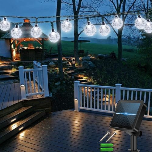 Daodao 5M 50LED Solar Garden Lights & Fairy Lights-8 Modes Waterproof 24mm Crystal Ball String Lights for Outdoor Patio Party, Cold White