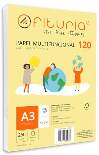 Packung mit 250 weißen DIN A3 Blättern, 120g Druckerpapier. Multifunktionales Kopierpapier für Schule und Büro. Ideal für Laserdrucker, Tintenstrahldrucker oder Kopierer – Ofituria