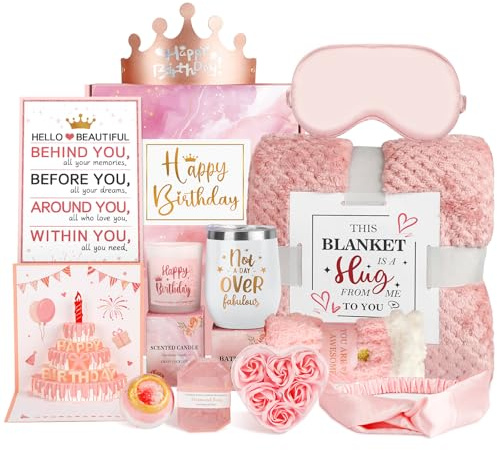 Birthday Gifts for Women, Pamper Spa Gifts Basket with Blanket Tumbler | 13 PCS Pink Gifts Set with Tumbler & Poster, Get Well Soon Gift for Friend Sister Coworker Mum, Unique Care Package for Her
