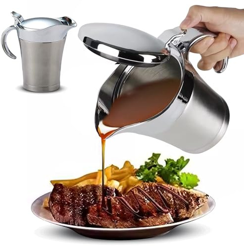 COOLAB 750ML Stainless Steel Gravy Boat with Lid – Double Insulated Gravy Pitcher for Hot & Cold Sauces – Elegant Sauce Boat Small Gravy Server for Steak, Turkey, and Holiday Dinners