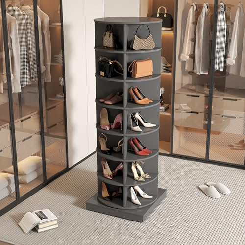 Azkoeesy Schuhschrank Grau, 360° drehbarer Schuhregal mit 7 Ebenen, Für bis zu 28 Pariser Schuhe,
