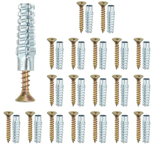 PATIKIL 20 Pcs Anclajes para Pared Hueca Drywall con Tornillos 0.24 x 1.5, Kit de Anclajes para Pared de Acero para Reparación de Agujeros en Madera Concreto Yeso, Plateado (8 x 38mm)