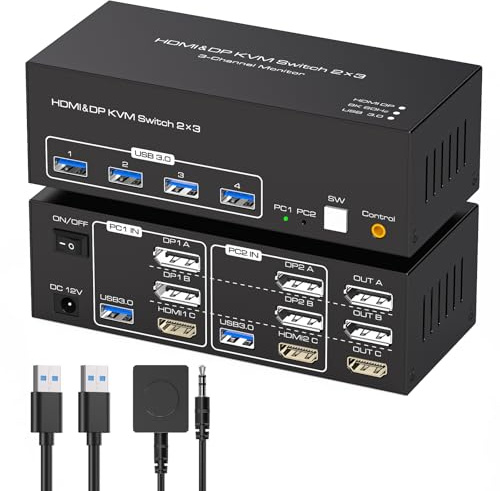 TJCXELE 8K60Hz HDMI 2Displayport KVM Switch 3 Monitors 2 Computers USB 3.0 KVM Switches Sharing Multiple Monitors and 4 USB Devices Supports Extended Mode & Copy Mode with 12V Adapter - Black