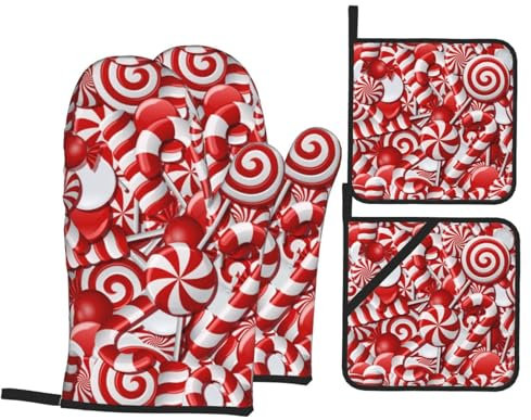 Guanti Da Forno E Presine Set Christmas Candy Canes Sweets Donna Riutilizzabile Guanti Da Barbecue, Per Grigliate, Cottura, Primavera/Estate