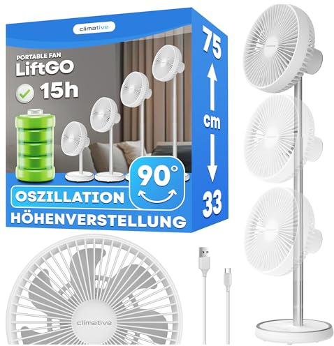 Climative Tischventilator Sehr Leise 34–75 cm USB Ventilator Akku 15h Table Fan LiftGo Standventilator 4 Modi 450 m³/h Oszillierend Ventilator Camping & Büro Weiß