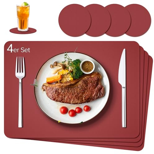 IKWOLETI Set de Table Réversible en Simili Cuir Végétalien avec sous Verre - Résistant à l'eau, Facile à Nettoyer, Protection Thermique jusqu'à 212°F (100°C), Idéal pour Cuisine et Bureau, Lot de 4