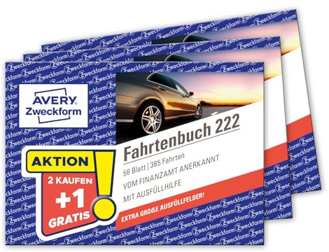 AVERY Zweckform 222-3P Softcover Fahrtenbuch PKW 3er-Set (Finanzamt anerkannt, DIN A6 quer 148x105mm, 112 Seiten|385 Fahrten, Deutschland & Österreich, Abgrenzung privater/geschäftlicher Fahrten)