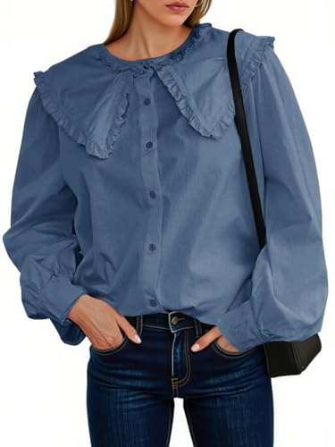 Tankaneo Womens Peter Pan Collar Button Down Shirts Puff Sleeve Babydoll Blouse Fall Tops