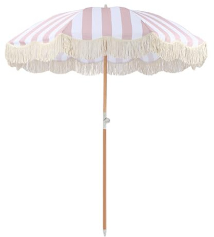 Ombrellone da Spiaggia giardino 200 cm a righe con frange, con inclinazione, protezione UV, con nappa per terrazza, piscina, mercato, prato