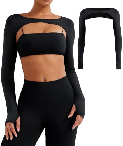 YEOREO Seamless Long Sleeve Shrug for Women Gym Crop Top Workout Cropped Sports Bolero Black S