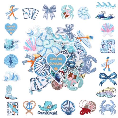 24 Stück Ozean Patch, Flicken zum Aufbügeln Cartoon Patches zum Aufbügeln Bügelbilder für Textilien Aufnäher zum Aufbügeln, DIY Aufbügel Patches Set für Kleidung, Jacken, Jeans, Hüte, Schuhe (Blau)