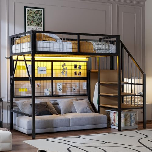 Merax Kinderbett Hochbett 90x200 cm, mit LED, Treppe Staufach Stauraum und offenem Kleiderschrank, Jugend Metall Spielbett mit Wandgitter, Ohne Matratze, Schwarz/255×95×170cm
