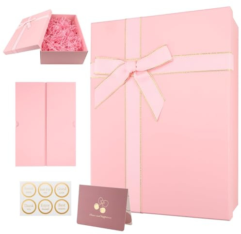 Mbsomnus Caja para Regalo 29 x 22 x 10,5 cm Caja de Regalo con Tapa Rosa Cajas Regalos Bonitas con Rafia Tarjeta de Felicitación Lazo para Cumpleaños Bodas San Valentín