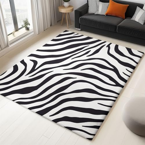 Generisch Cartoon Zebra Streifen Teppich Wohnzimmer 160x230cm, Kurzflor Teppich Schlafzimmer, Waschbar Super Weich Langlebig Rutschfester Teppichen für Kinderzimmer, Esszimmer, Schwarz Weiß