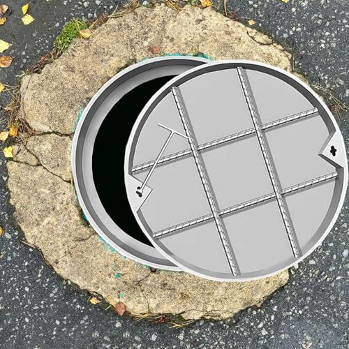 Usknxiu Coperchio per Fossa settica Rotondo con Base, tombino di Scarico Incassato Grande, Copertura Invisibile per Bacino fognario per vialetto, Cemento,Dia 32cm