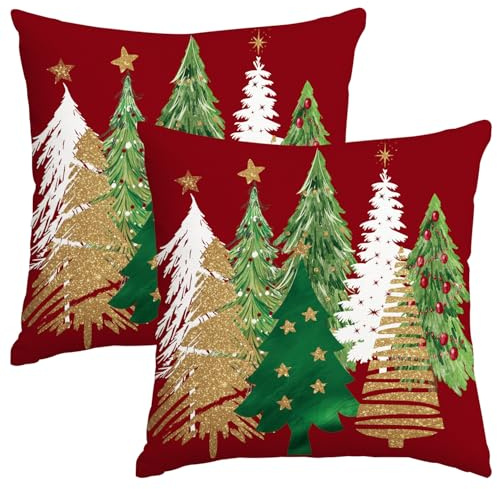 Miaikoe Weihnachtskissen Abdeckungen 40x40cm Set von 2, dekorative Bauernhaus Weihnachtsbaum rotes Kissen Schams Fälle Slipcovers für Ferienhaus Couch Sofa Dekorationen