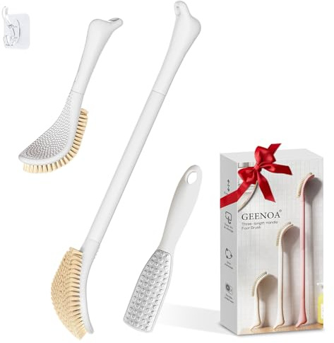 GEENOA New Foot Brush & Foot File Set(2PCS), 3-in-1 Foot Scrubber in Shower, 10.2’’-27.5’’Adjustable Long Handle Foot Scrub Brush and Upgrade Foot File Callus Remover, Gift-Box Packed(White Set)